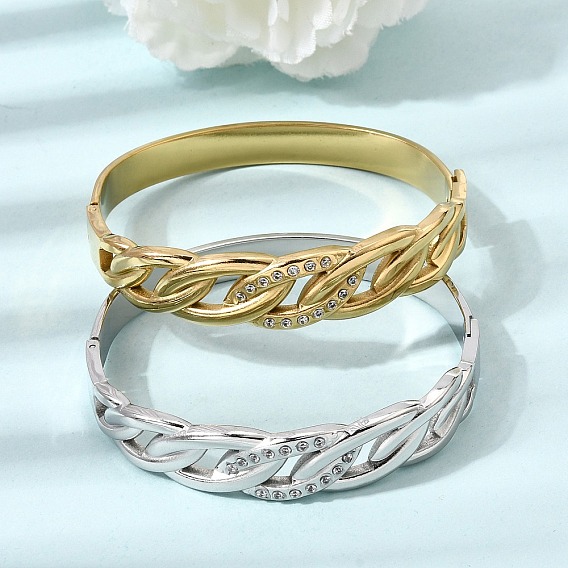 304 Stainless Steel Crystal Rhinestone Twisted Chain Hinged Cuff Bangles for Women