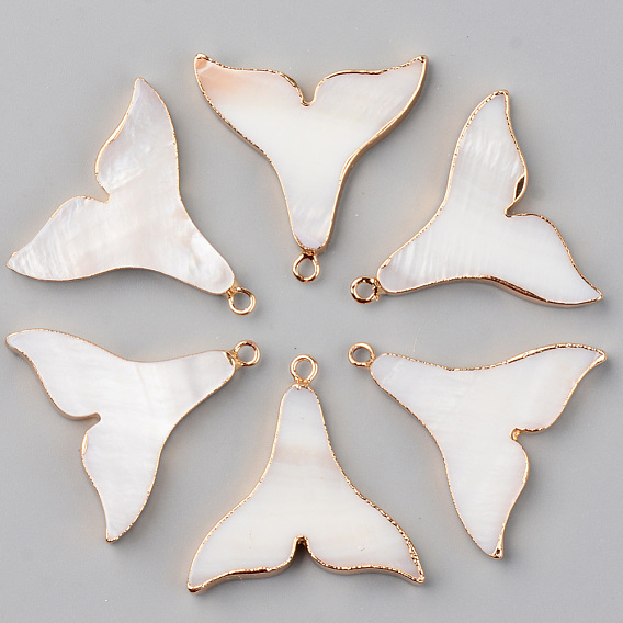Natural Freshwater Shell Pendants, with Brass Loops, Edge Golden Plated, Fishtail