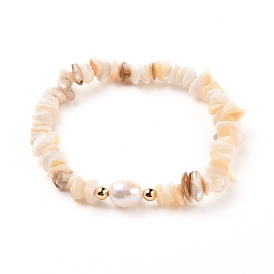 Chip Natural Shell Stretch Beaded Bracelets, with Natural Pearl and Brass Beads, Golden
