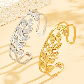 304 Stainless Steel Hollow Leaf Open Cuff Bangles for Women