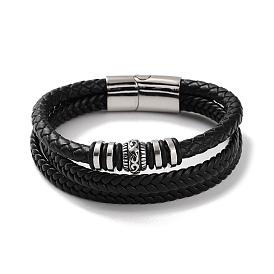 Men's Braided Black PU Leather Cord Multi-Strand Bracelets, Ring 304 Stainless Steel Link Bracelets with Magnetic Clasps
