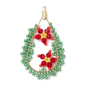 Glass Seed Beads Big Pendants, with 304 Stainless Steel Findings, Teardrop with Flower Charm