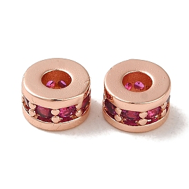 Rack Plating Brass Pave Medium Violet Red Cubic Zirconia Beads, Long-Lasting Plated, Cadmium Free & Lead Free, Flat Round