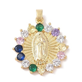 Brass Cubic Zirconia Pendants, Long-Lasting Plated, Flat Round with Holy Virgin Charms, Colorful