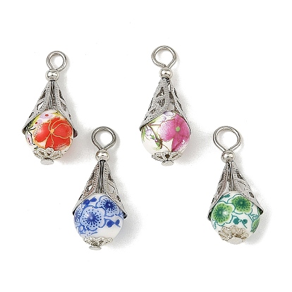 304 Pendentifs en acier inoxydable, en porcelaine imprimée faite à la main et en laiton, larme avec breloques fleurs, couleur inox