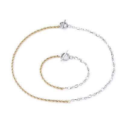 304 Stainless Steel Bracelets and Necklaces Jewelry Sets, with Rope Chains & Figaro Chains, Toggle Clasps