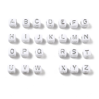 Непрозрачные акриловые бусины, квадрат с буквой, серебристого металла, обвитыми