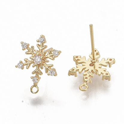 Christmas Theme, Brass Cubic Zirconia Stud Earring Findings, with Loop, Snowflake, Nickel Free