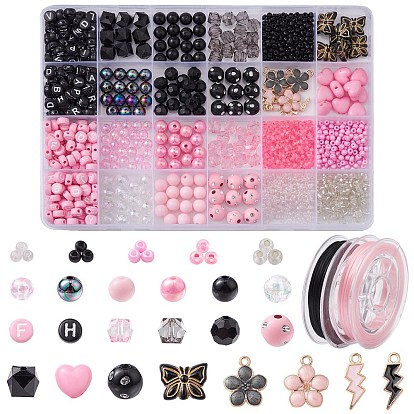 Kit de fabrication de bracelets de bricolage, y compris les perles de rocaille en acrylique et en verre, fil élastique, Pendentifs en émail , papillon et coeur et éclair et cube
