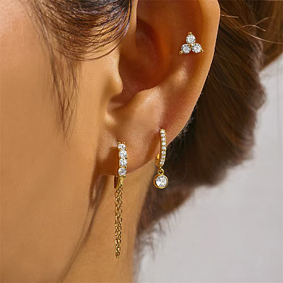 3Pcs Sterling Silver Three-Leaf Clover Earring Sets, with Clear Cubic Zirconia