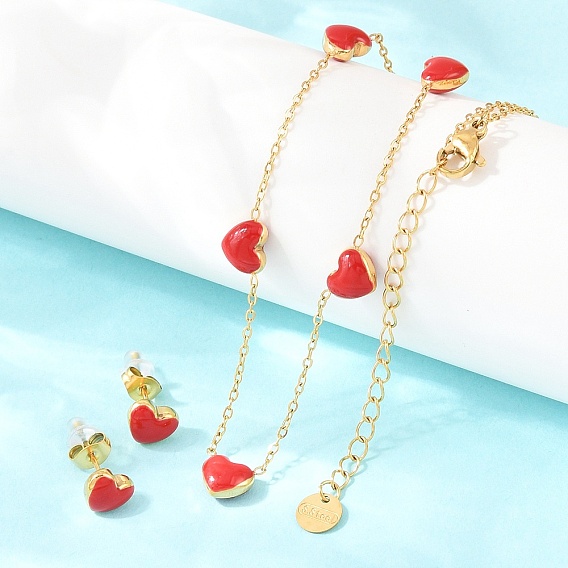 Комплекты из ожерелий и серег-гвоздиков из нержавеющей стали с эмалью в форме сердца для женщин, ионное покрытие (ip)