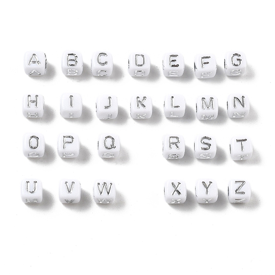 Непрозрачные акриловые бусины, квадрат с буквой, серебристого металла, обвитыми