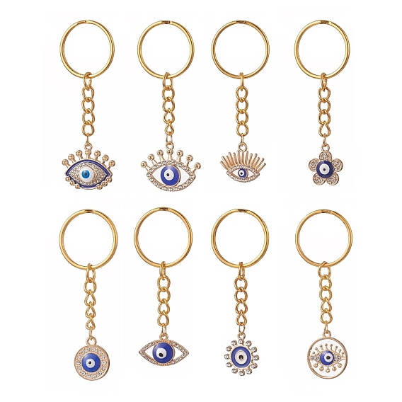 Evil Eye Enamel Rhinestone Keychain, with Alloy Findings, Flower/Flat Round/Eye