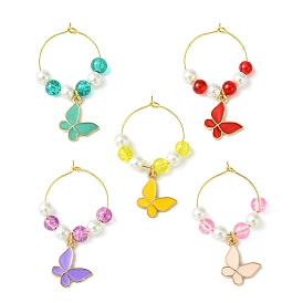 Alloy Enamel Butterfly Wine Glass Charms, with Glass Beads and Brass Wine Glass Charm Rings