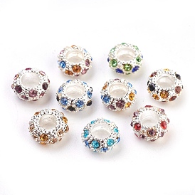 Perles européennes en alliage, avec des perles de strass, de couleur métal argent, rondelle, 11x5.5mm, Trou: 5mm
