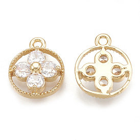 Brass Charms, Real 18K Gold Plated, with Cubic Zirconia, Flat Round, Clear
