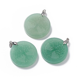 Natural Gemstone Pendants, Flat Round Charms with Tree of Life Pattern, with Rack Plating Platinum Tone Brass Findings, Cadmium Free & Lead Free