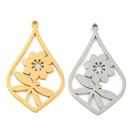 304 Stainless Steel Pendants, Laser Cut, Teardrop with Dragonfly & Flower Charm