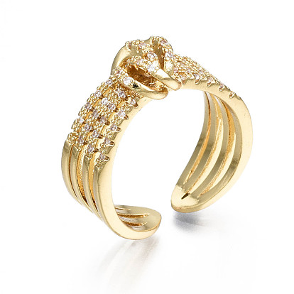 Brass Micro Pave Clear Cubic Zirconia Cuff Rings, Open Rings, Nickel Free, Knot