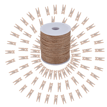 100шт. натуральные деревянные прищепки для рукоделия, с 1 рулоном джутового шнура земляного цвета, прищепки, ремесло клипы