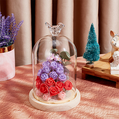 Bird Glass Dome Cover, Decorative Display Case, Cloche Bell Jar Terrarium with Wood Base, for DIY Preserved Flower Gift