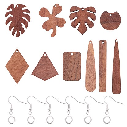 DIY pendientes colgantes, con colgantes de madera natural, anillos de salto de hierro y ganchos para aretes