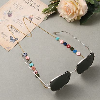 Eyeglasses Chains, Neck Strap for Eyeglasses, with Natural Shell Flat Round Links, Golden Plated 304 Stainless Steel Satellite Chains and Rubber Eyeglass Holders