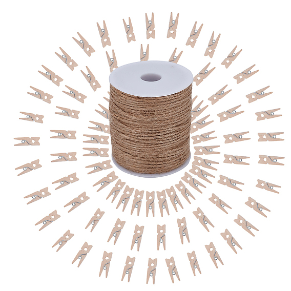 100шт. натуральные деревянные прищепки для рукоделия, с 1 рулоном джутового шнура земляного цвета, прищепки, ремесло клипы