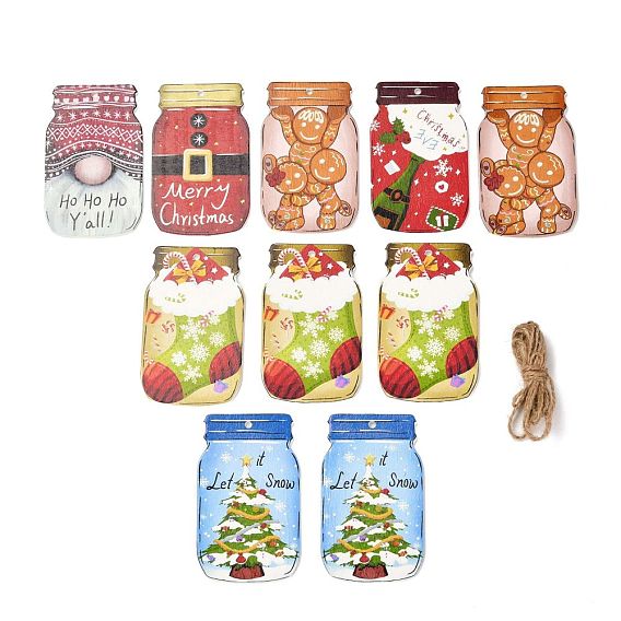 Christmas Theme MDF(Medium Density Fiberboard) Hanging Decorations, with Hemp Cord, Bottle Shape
