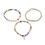 3Pcs Natural Agate & Pearl Beaded Stretch Bracelets Set, Brass Moon Charm Bracelets for Women