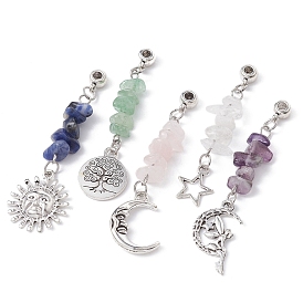 Mixed Gemstone Chip Pendants, with Antique Silver Tone Alloy Charms, Mixed Shapes