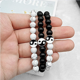 Natural & Synthetic Mixed Stone Beaded Stretch Bracelets with Yin-yang