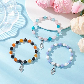 3Pcs 3 Styles Leaf Alloy Charm Bracelets, Natural & Synthetic Mixed Gemstone Round Beaded Stretch Bracelets for Women