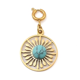 Natural Green Turquoise Flat Round Pendants Decorations, with 304 Stainless Steel Spring Ring Clasps