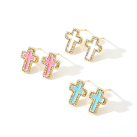 Cross-shaped Religious Earrings with Zirconia Stones for Women's Elegant Style