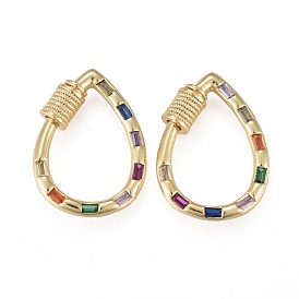 Brass Micro Pave Cubic Zirconia Screw Carabiner Lock Charms, for Necklaces Making, Long-Lasting Plated, Teardrop, Colorful