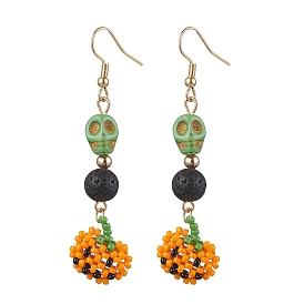 Glass Beads Pendant Dangle Earring, Synthetic Turquoise and Natural Lava Rock Beads, Pumpkin, for Halloween