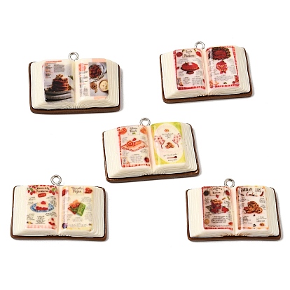 Opaque Resin Pendants, Dessert Recipe Book Charm, with Platinum Iron Loops