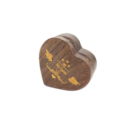 Heart Wood Couple Ring Storage Box, Gold Logo Wedding Ring Magnetic Gift Case with Velvet Inside and Drawstring Bags