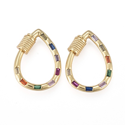 Brass Micro Pave Cubic Zirconia Screw Carabiner Lock Charms, for Necklaces Making, Long-Lasting Plated, Teardrop, Colorful