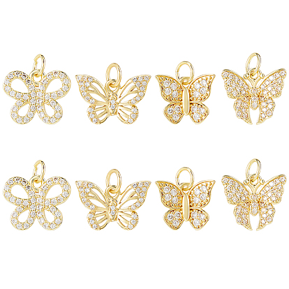 8 шт 4 стили латунные подвески из микропаве с фианитом, бабочки прелести, с целью перехода в кольце