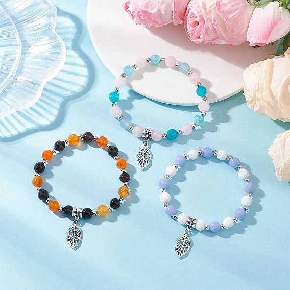3шт. 3 стили браслеты с подвесками из сплава в форме листа, Браслеты из круглых бусин из натуральных и синтетических смешанных драгоценных камней для женщин