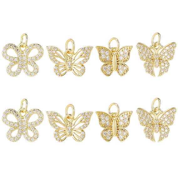 8 шт 4 стили латунные подвески из микропаве с фианитом, бабочки прелести, с целью перехода в кольце