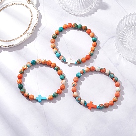3Pcs 3 Colors Dyed Synthetic Ocean White Jade & Turquoise Beaded Stretch Bracelets for Men Women, Cross