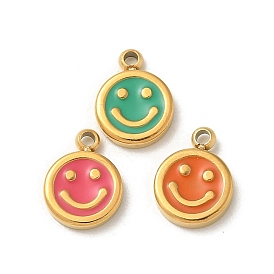 Ion Plating(IP) 304 Stainless Steel Enamel Charms, Real 14K Gold Plated, Flat Round with Smiling Face Charm