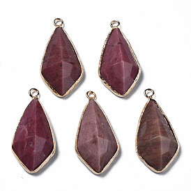 Gemstone Charms, with Golden Plated Brass Edge and Loop, Faceted, Rhombus