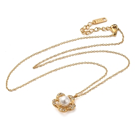 Flower Vacuum Plating 304 Stainless Steel Pendant Necklaces, with Rhinestone & Plastic Pearl