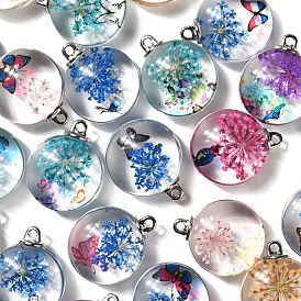 Transparent Glass Pendants, Dried Flower inside and Iron Finding, Round