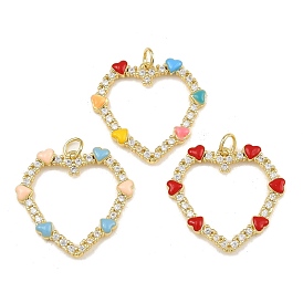 Brass Micro Pave Clear Cubic Zirconia Pendants, with Enamel, Heart Shape Charms, Rack Plating, Long-Lasting Plated, Lead Free & Cadmium Free, Real 18K Gold Plated