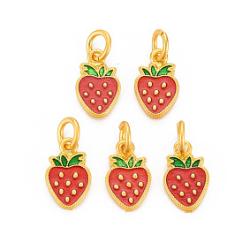 Rack Plating Alloy Enamel Charms, with Jump Rings, Cadmium Free & Nickel Free & Lead Free, Matte Gold Color, Strawberry